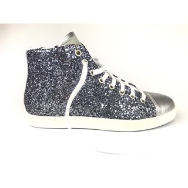 Woman' s  sneakers handmade silver leather, paielette